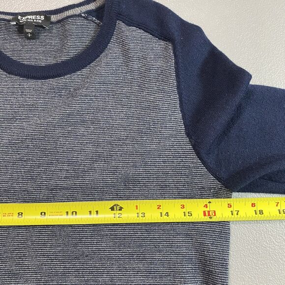 EXPRESS Mens Pullover Sweater Merino Wool Blend Long Sleeve S Blue Preppy Grunge - Picture 4 of 9